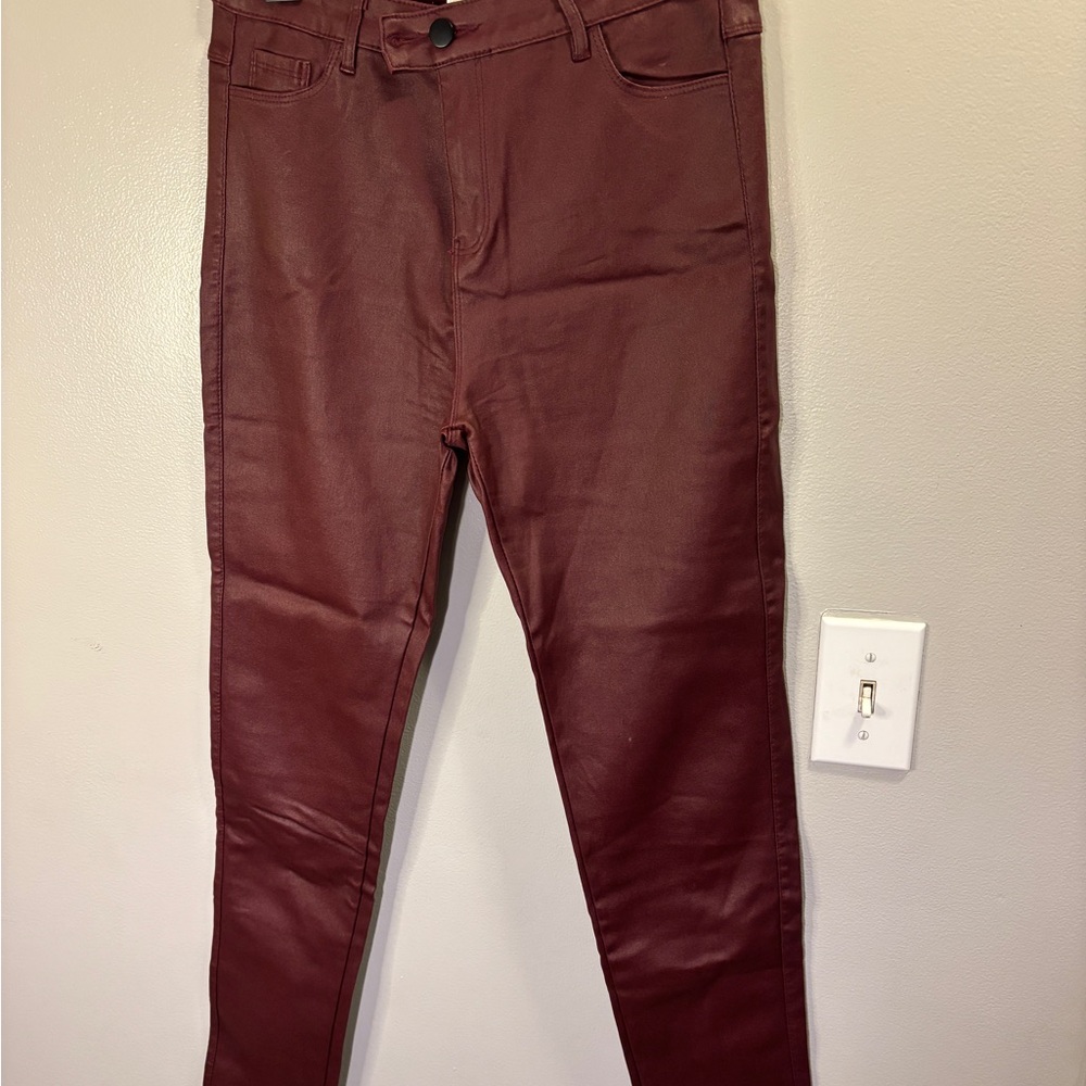 Burgundy Faux Leather Coated Skinny Pants Size Large High Rise Stretch